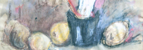 31.10.2001, Stilleben, Mischtechnik auf Packpapier, 29 x 24,5 cm